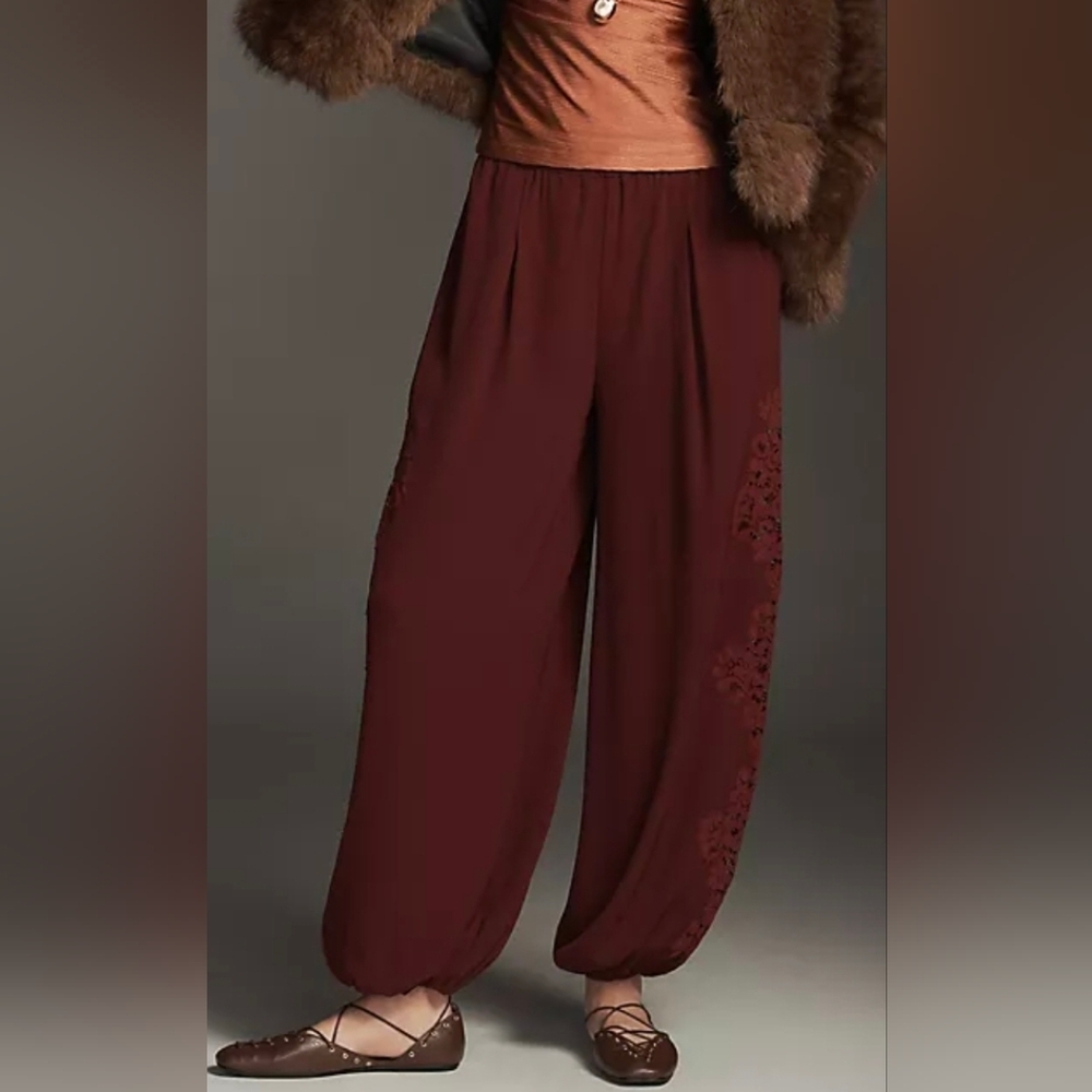 Anthropologie Dark Red Lace-Panel Balloon Pants - Picture 2 of 6